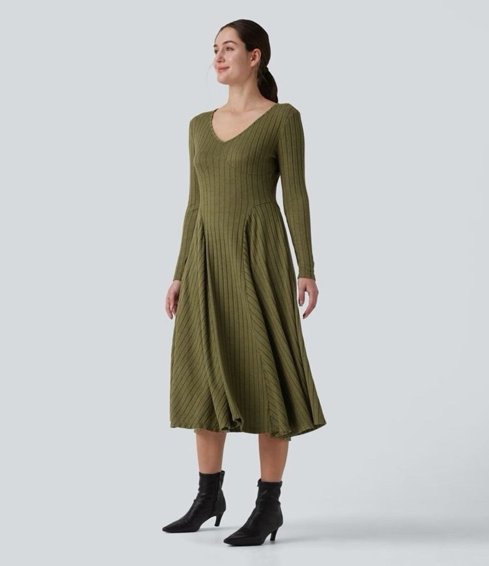 Halara women’s Green Solid Ribbed Knit V-Neck Long Sleeve A-Line Dress Size S